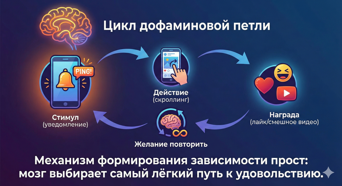 Механизм формирования зависимости прост: мозг выбирает самый лёгкий путь к удовольствию