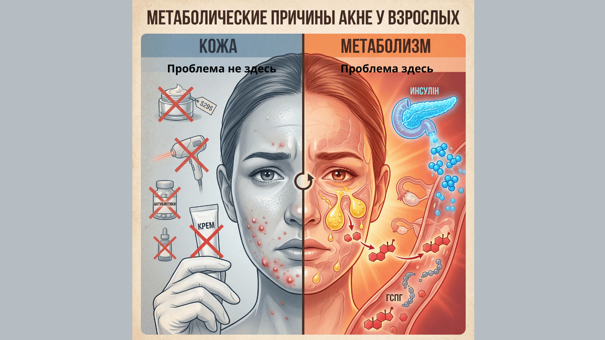 Дерматолог лечит кожу снаружи. Но проблема внутри: высокий инсулин → избыток андрогенов → гиперактивные сальные железы → акне. Пока не устраните метаболический корень, никакие кремы не помогут надолго.