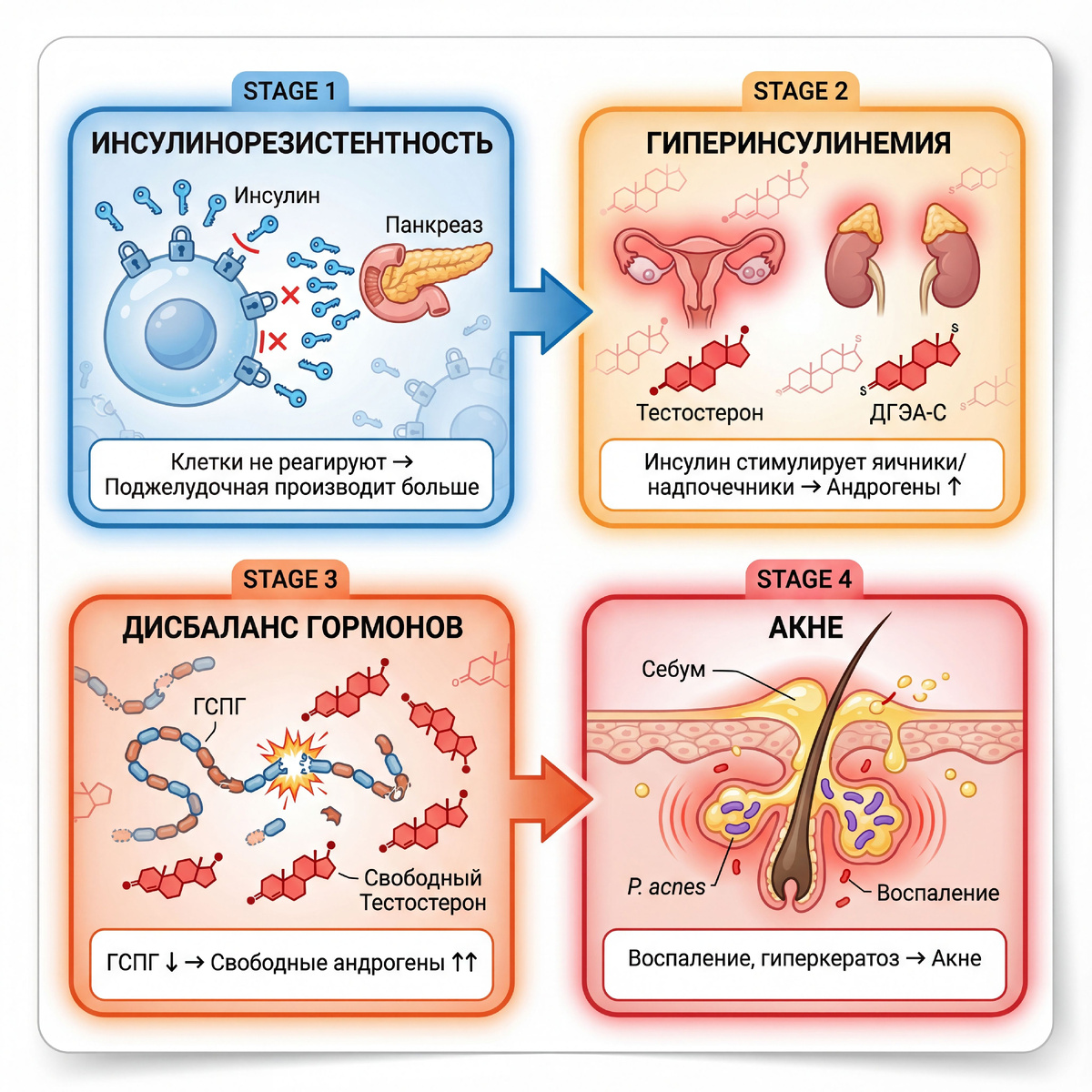 Акне не появляется внезапно. Это финальный этап каскада, который начался годами раньше с инсулинорезистентности. Высокий инсулин → избыток андрогенов → низкий ГСПГ → гиперактивные сальные железы → воспаление. Устраните первое звено — исчезнет последнее.