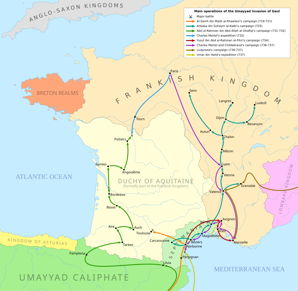 Примерная схема походов арабов, и ответных походов франков и лангобардов. Тот что от 725 года и почти по всей восточной Франции скорее всего разведывательно-грабительский рейд легкой кавалерии. 