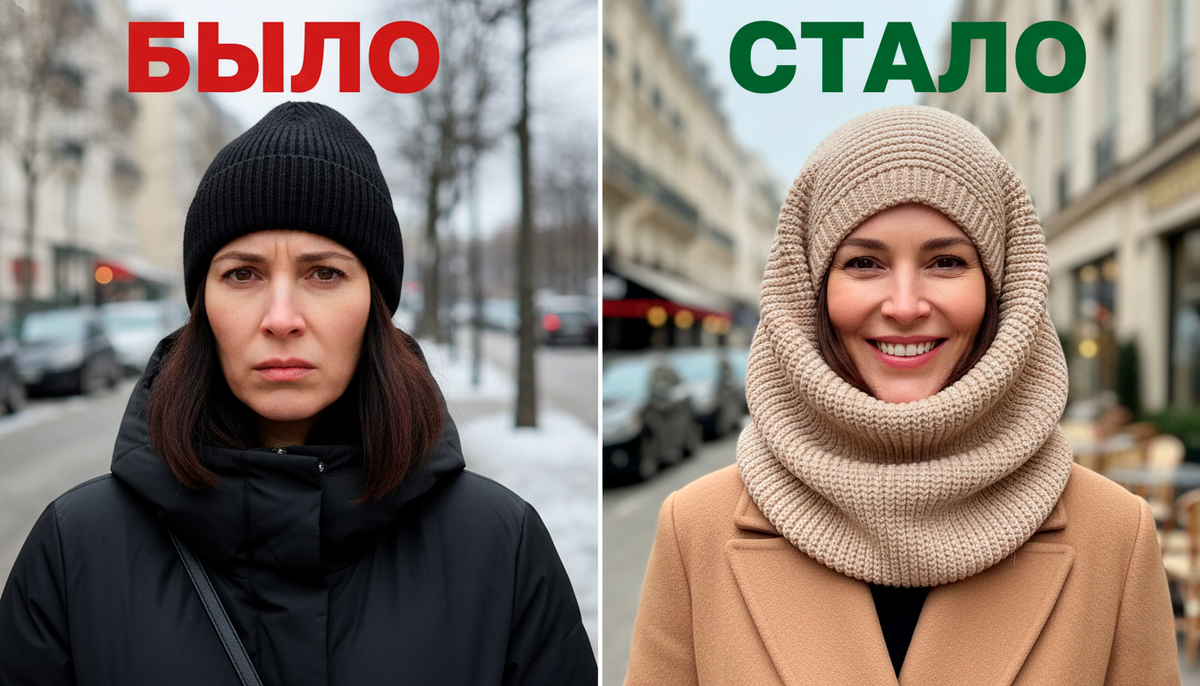 Наглядный пример: слева тесная шапка подчеркивает отечность и делает лицо круглым. Справа свободный капор корректирует овал и освежает образ. Разница очевидна, правда?