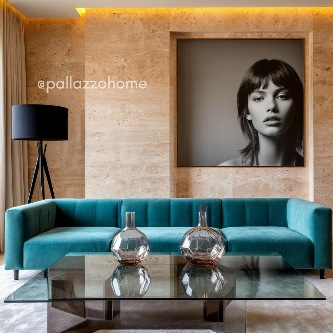 Премиум-интерьер с натуральным камнем и мягкими бархатными поверхностями. Здесь видно, как тактильные материалы — фактурная стена из травертина, матовые элементы и мягкая ткань — создают глубину, которую невозможно передать только через картинку.