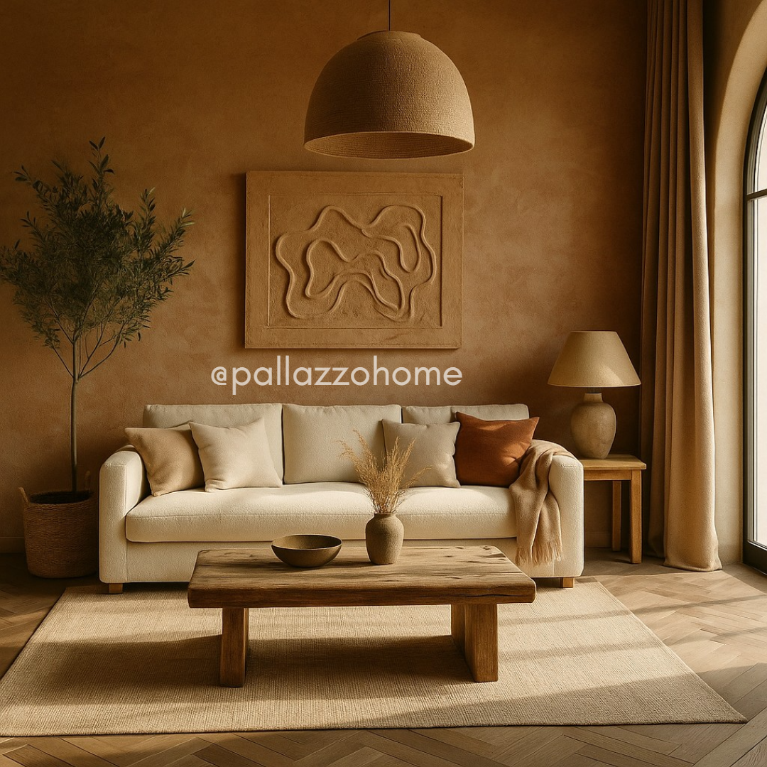 Интерьер с мягкими натуральными текстурами: декоративное покрытие с рельефом, матовые поверхности, деревянные элементы. Такой тактильный интерьер снижает визуальный шум и создаёт ощущение спокойствия — тренд будущего в премиум-дизайне.