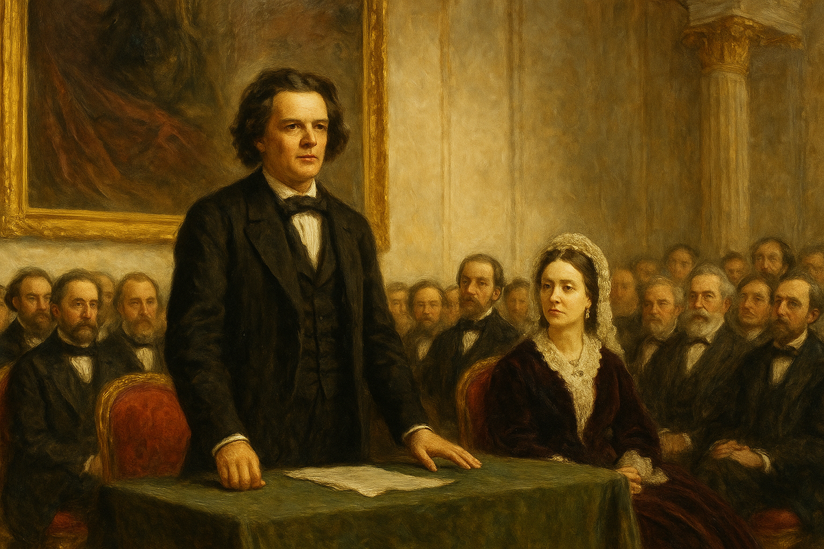 Антон Рубинштейн и великая княгиня Елена Павловна перед собранием Русского музыкального общества.