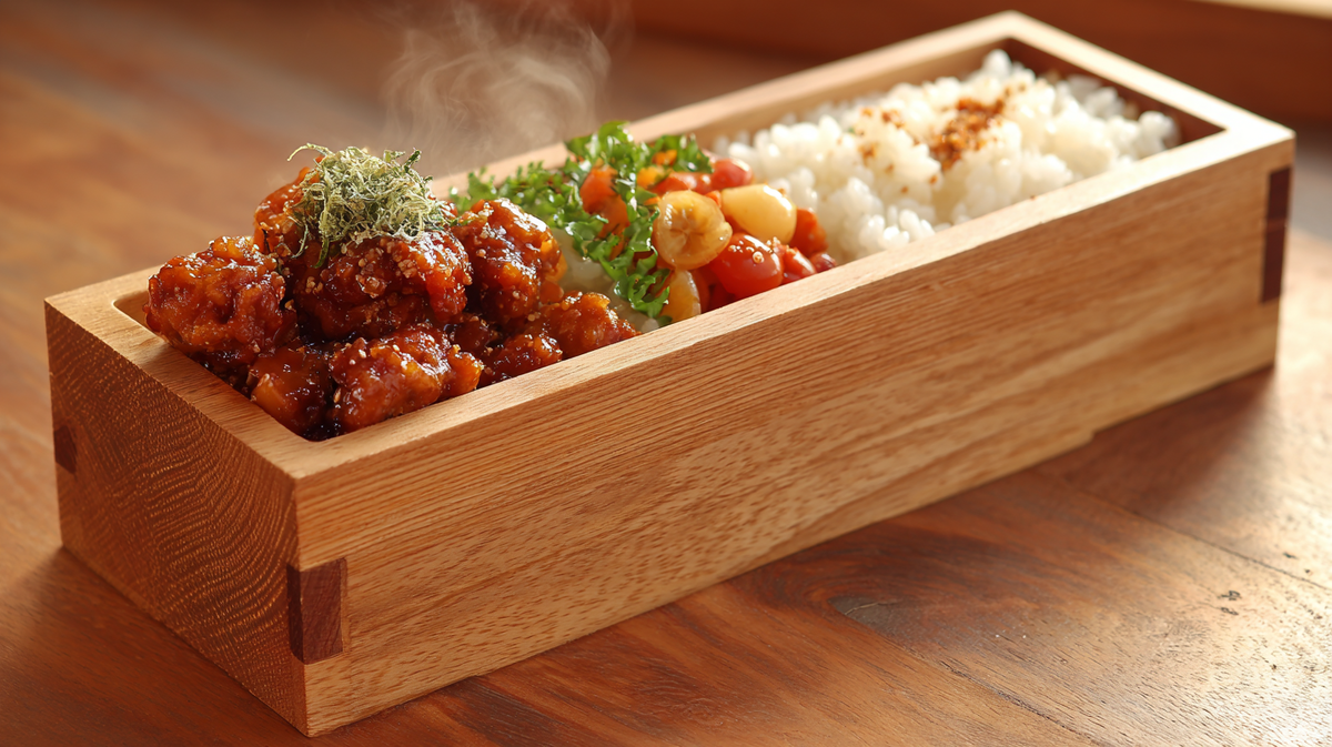 Горячая курица в соусе делает бенто тёплым почти до обеда. Фото создано нейросетью.