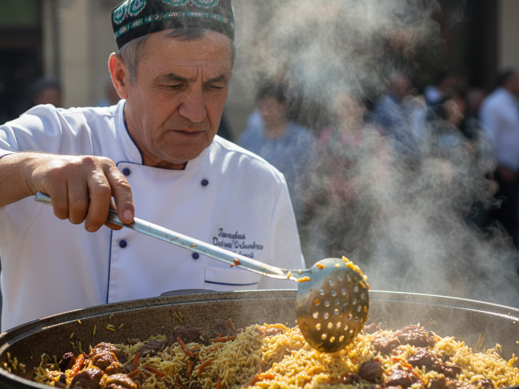 Повар мешает содержимое казана