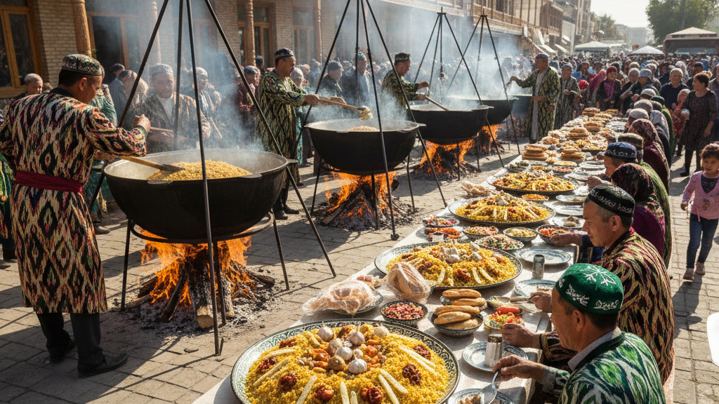 Группа узбекских мужчин, одетых в традиционную одежду готовят плов 