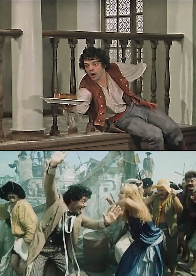 Коллаж кадров из фильмов СССР «Труффальдино из Бергамо» и «Остров погибших кораблей»