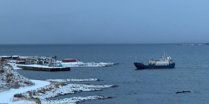 Теплоход «Василий Завойко» подходит к селу Никольское / Фото: телеграм-канал администрации Алеутского муниципального округа