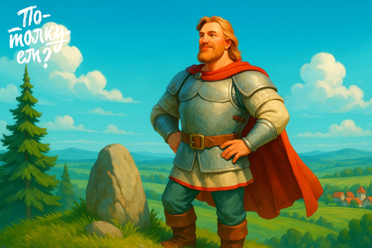 Илья Муромец стоит на холме у большого камня и о чём-то думает