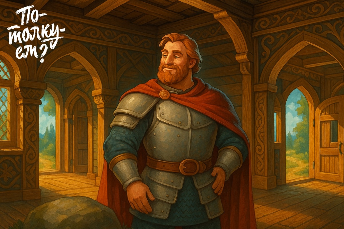 Илья Муромец стоит в деревянной палате между несколькими дверями
