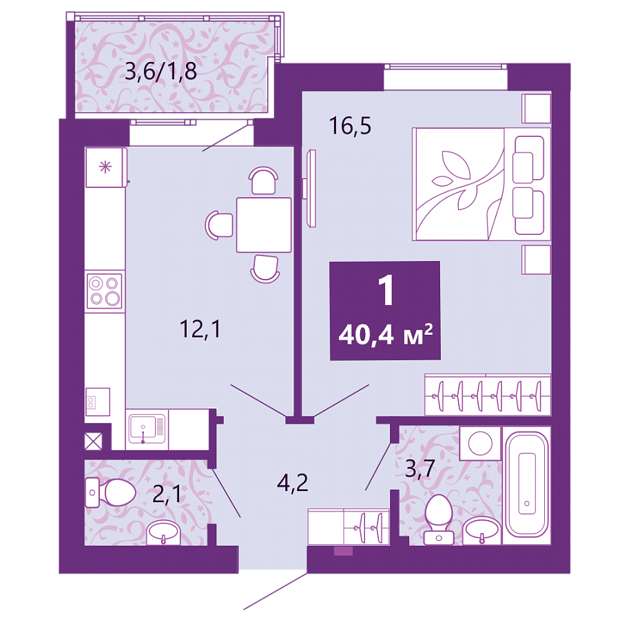 Однушка с двумя санузлами в ЖК «Сиреневый бульвар»