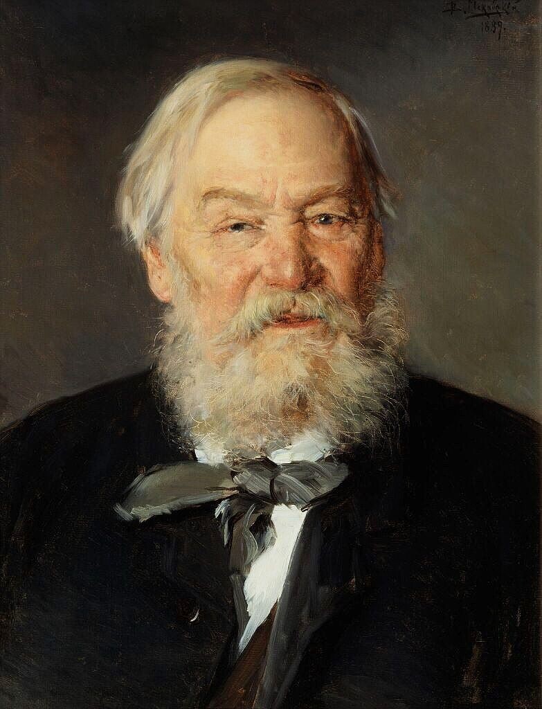 Маковский Владимир (1846-1920)  Портрет А.И. Стрелковского1889 Третьяковская галерея. "Маковский очень метко уловил состояние открытой и оптимистичной натуры уже пожилого, начавшего слепнуть, но не потерявшего бодрости духа художника. Портрет выполнен на нейтральном темном фоне. Живое, спокойное лицо с высоким лбом выражает легкую усмешку. Пушистая, всклокоченная борода дополняет одушевленный образ" (Ист.: ГТГ)..
