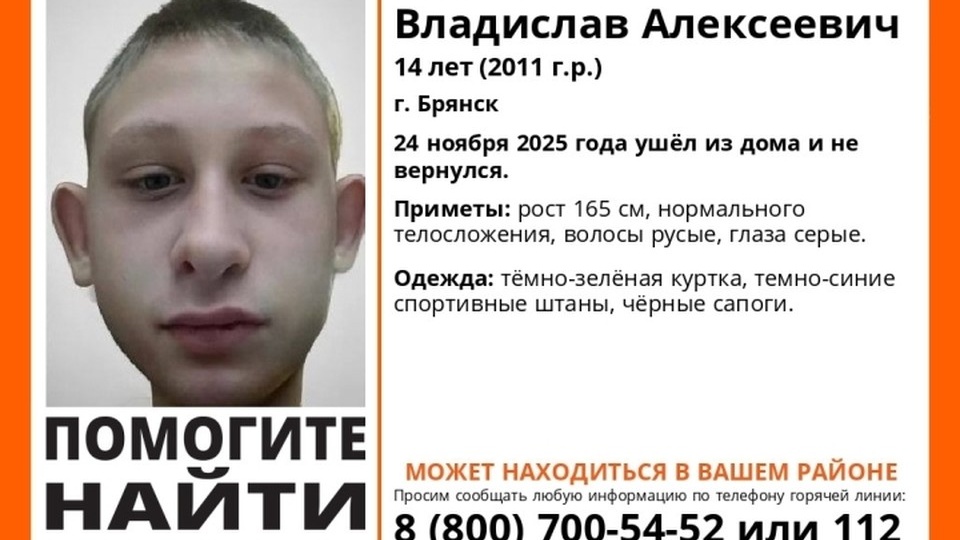 В Брянске ищут 14-летнего Владислава Ежова