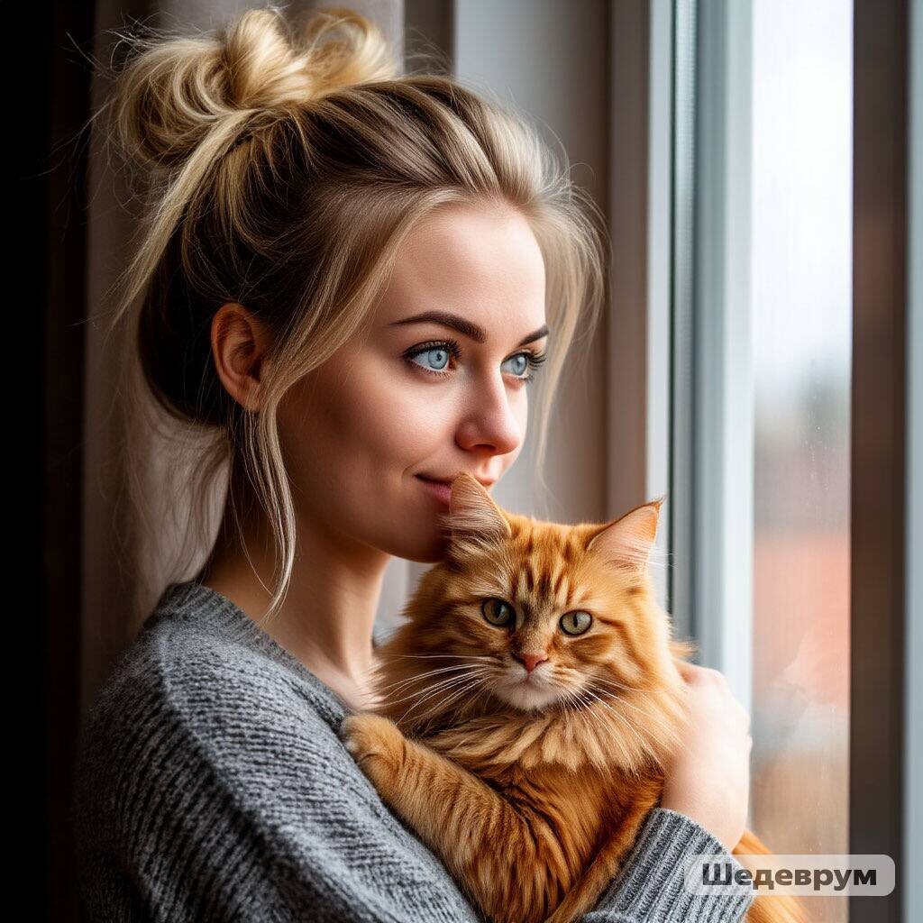 Женя с котом Персиком на руках. Изображение сгенерировано с помощью искуственного интелекта и програмы Шедевриус.