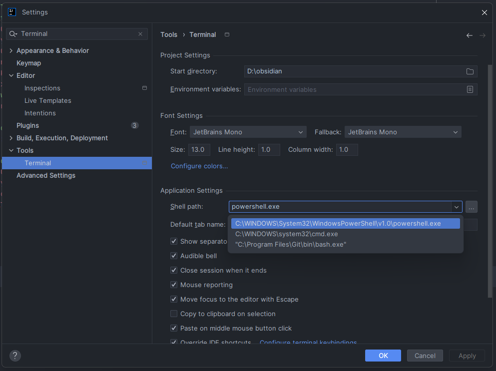 Установка powershelll в качестве среды исполнения в терминале Intellij Idea