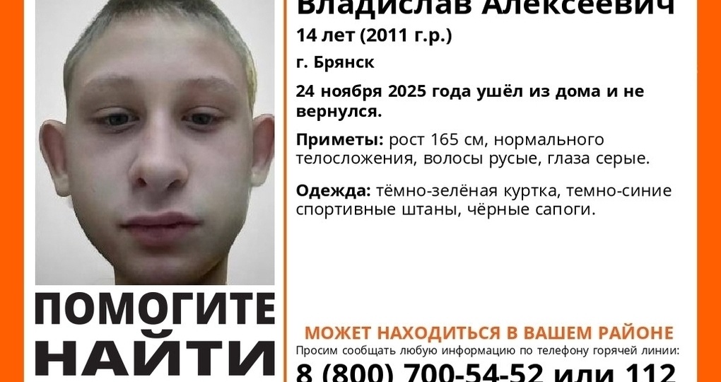 В Брянске ведутся поиски пропавшего Владислава Ежова