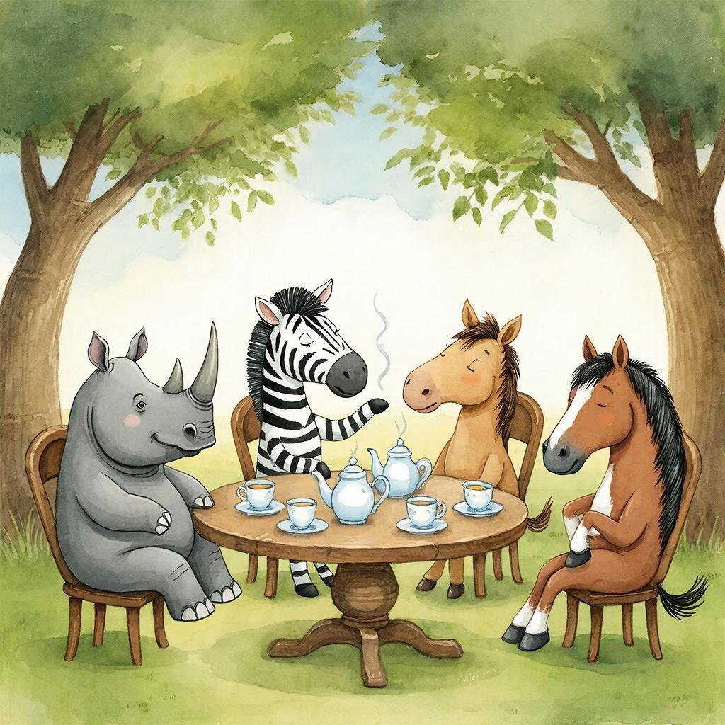 Лошадино-носорожье чаепитие в самом разгаре. Но.... Где же вкусняшки??? Зебра что, только разговорами гостей кормит?