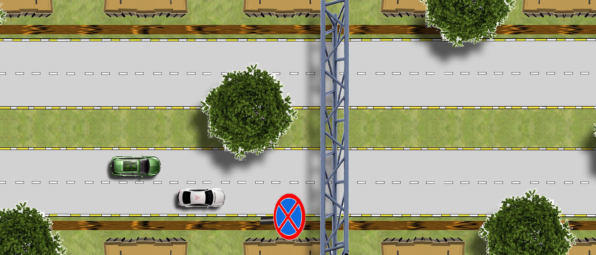 Белый учебный автомобиль проежает знак 3.27 "Остановка запрещена"