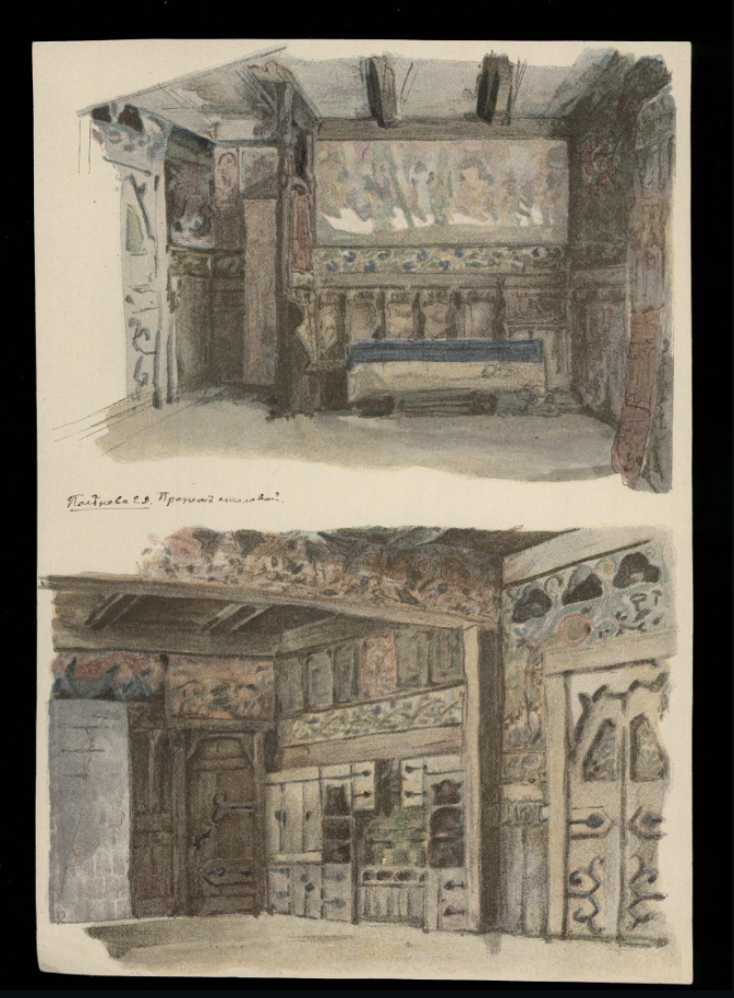 Усадьба Якунчиковой в Наре. Проект интерьера столовой Поленовой-Головина. Е. Д. Поленова. Россия, начало XX в. Бумага сатинированная, литография с подцветом