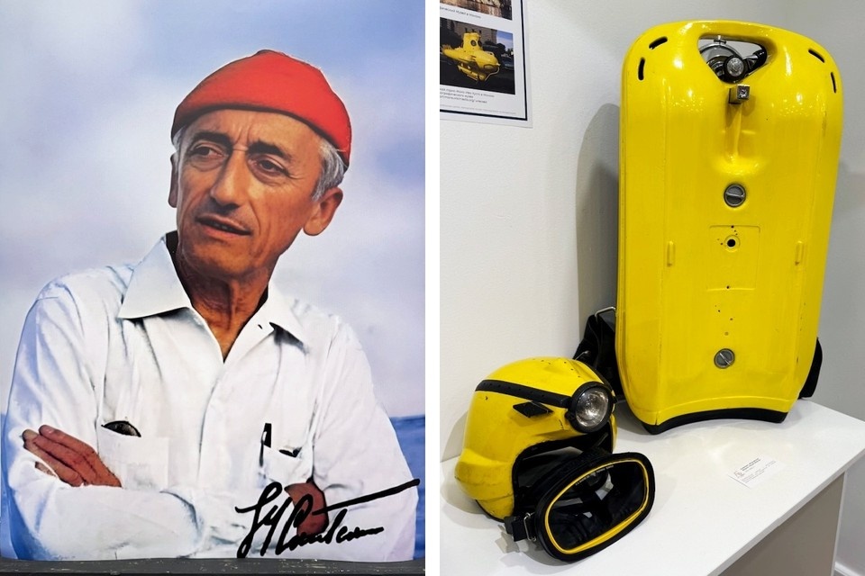    Портрет с автографом Командора (слева) и оборудование, которое вы могли видеть в сериале "Подводная одиссея команды Кусто" (справа) Евгений САЗОНОВ