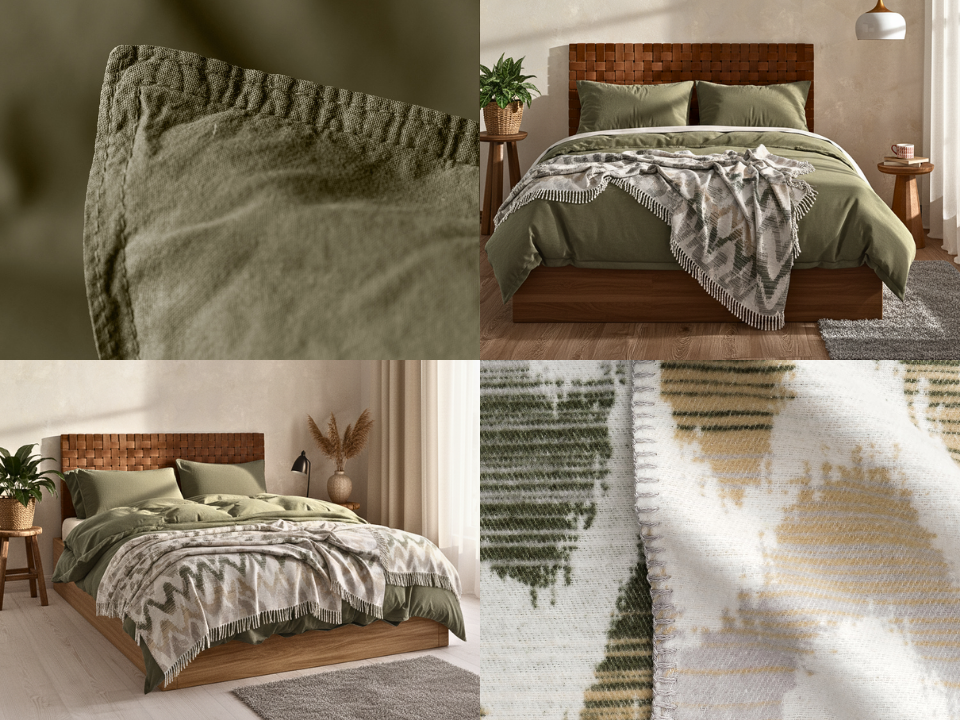 Постельное белье «STONEWASH» евро, вареный хлопок, цвет зеленый чай (matcha) — OZON арт. 2888254361 и WB арт. 560738560. | Двухсторонний плед «VIOLE» 200х220, 60% хлопок, 40% акрила — OZON арт. 1164393637 и WB арт. 124852602.