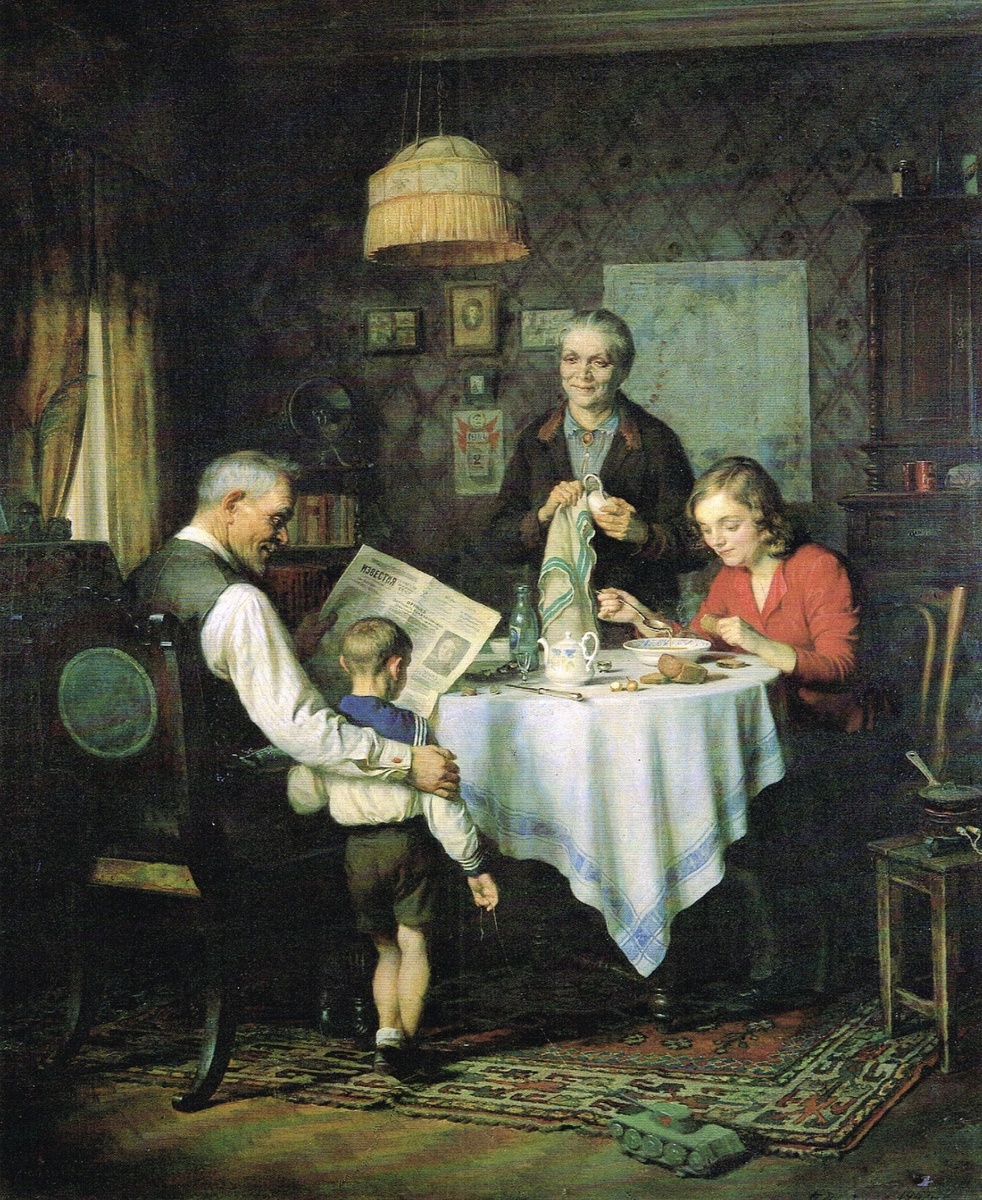 «В семье героя», 1947 год, дерево, масло, 71 х 59.
Народный художник СССР Борис Валентинович Щербаков
Государственный музей искусств Узбекской СССР, г. Ташкент