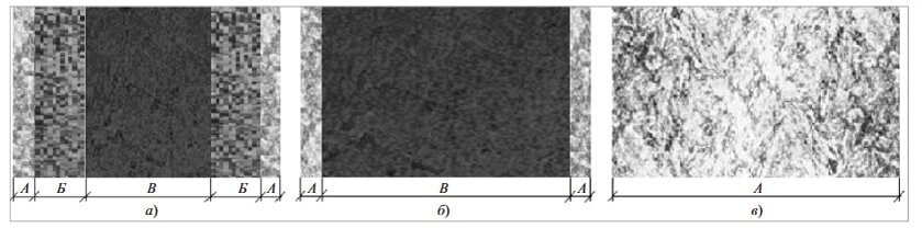   Макроструктура образцов (продольное сечение по диаметру 15 мм): а — сталь 60ПП; б — сталь 40Х; в — сталь 60; А, Б, В — слои с различной структурой / © UST Inc.