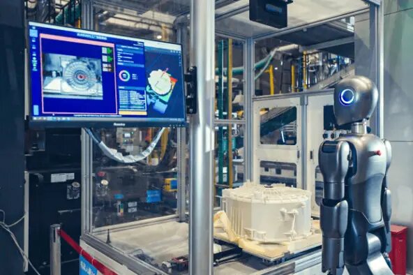 Роботы на фабрике Midea переносят готовые детали стиральных машин на станции контроля, где их проверяет ИИ-система. Источник: The Wall Street Journal