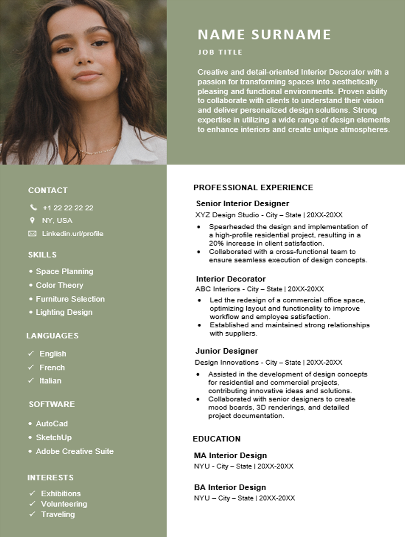 Пример шаблона резюме на сайте https://www.my-resume-templates.com/