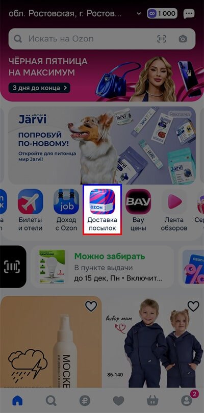 Раздел Доставка посылок в Озон