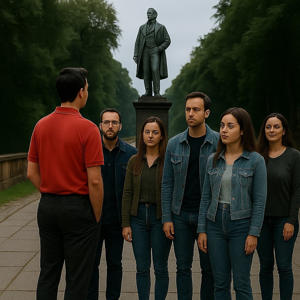 Пример неправильного расположения экскурсантов гидом. Памятник за их спинами.