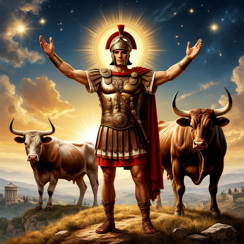 Митра — не просто бог войны. Он — воин, который поднял руки к небу. В его доспехах — сила Рима. В его позе — вера в спасение неофита.