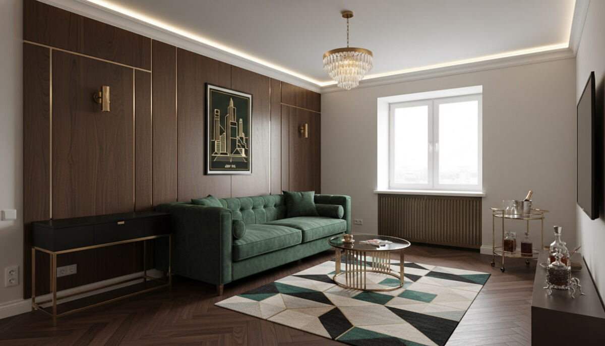 Дизайн интерьера в стиле Великого Гэтсби для современной квартиры. Как адаптировать ар-деко, изумрудный бархат и латунь в реалиях Москвы 2025.