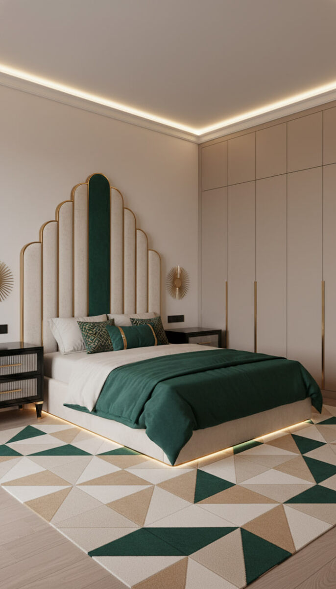 интерьер в стиле гэтсби, дизайн квартиры ар деко, современный ар деко, изумрудный цвет в интерьере, дизайн спальни с мягким изголовьем, тренды дизайна 2025.