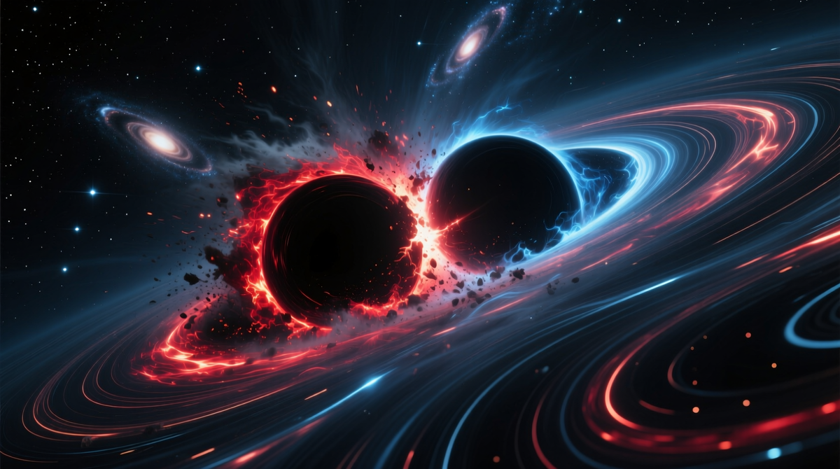 Это компьютерная модель гравитационных волн от слияния черных дыр. Их обнаружение подтвердило, что пространство-время действительно может колебаться, и открыло новый способ изучения Вселенной.