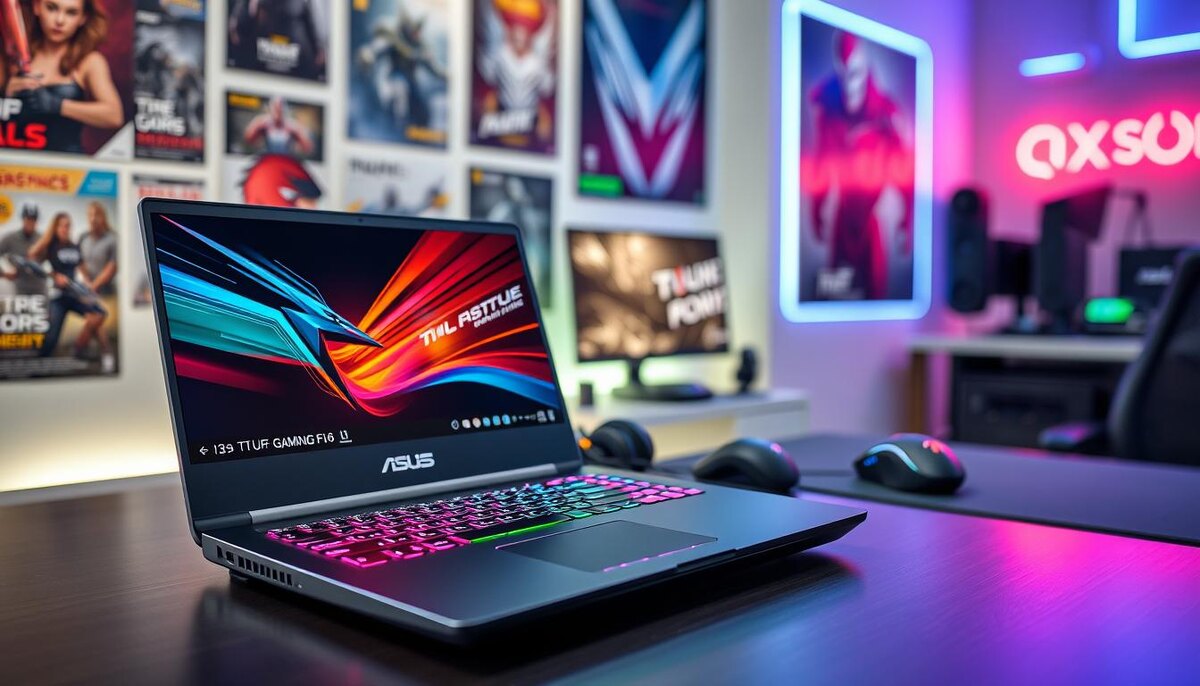 Элегантный ноутбук ASUS TUF Gaming F16, занимающий видное место на современном письменном столе, отличается изысканным дизайном и мощными аппаратными возможностями. На переднем плане ноутбук представлен в раскрытом виде, демонстрируя яркий 16-дюймовый дисплей с яркими цветами и игровой графикой, дополненный хорошо освещенной клавиатурой с настраиваемой RGB-подсветкой. В центре внимания - высококачественная игровая мышь и гарнитура, аккуратно расположенные рядом с ноутбуком, что подчеркивает игровую атмосферу. На заднем плане изображена слегка размытая игровая тематика, например, плакаты на стенах и светодиодная подсветка, которая создает динамичное настроение. Сцена ярко освещена мягким естественным светом, имитирующим уютное, но в то же время сосредоточенное рабочее пространство, снятое под слегка приподнятым углом, что позволяет эффектно продемонстрировать как ноутбук, так и окружающие его аксессуары.