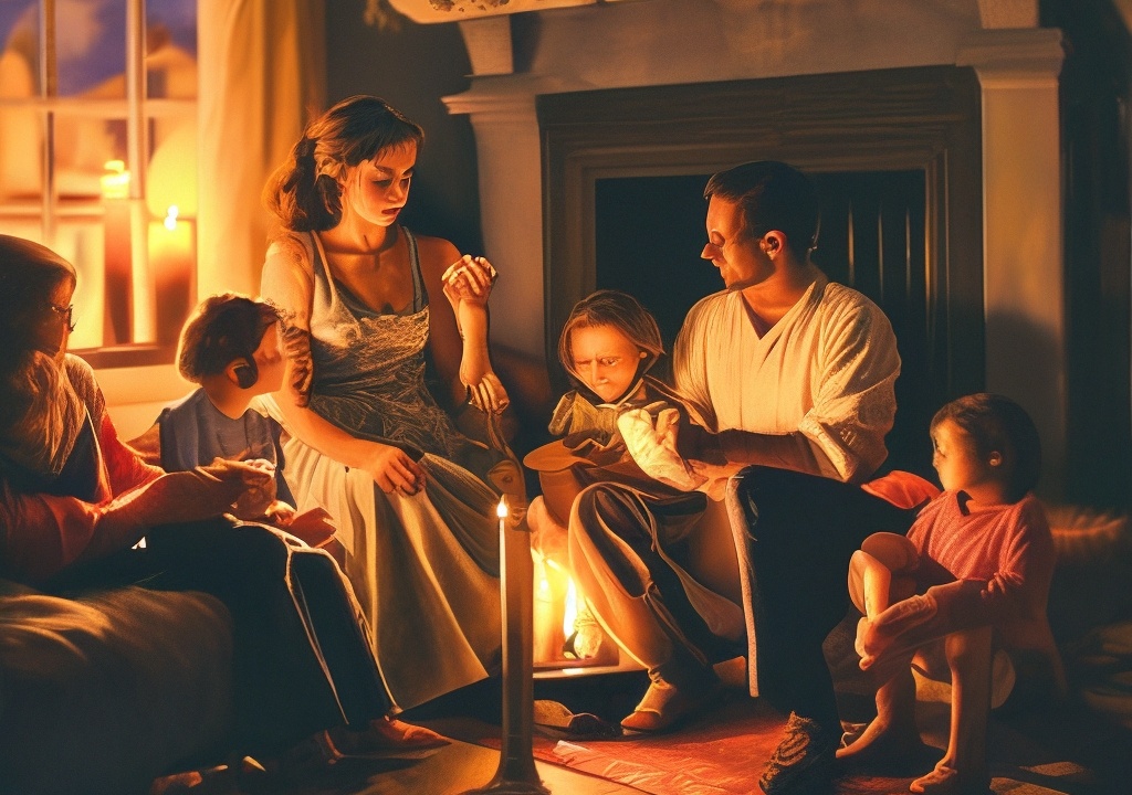 счастливая семья у дома, вечерний свет