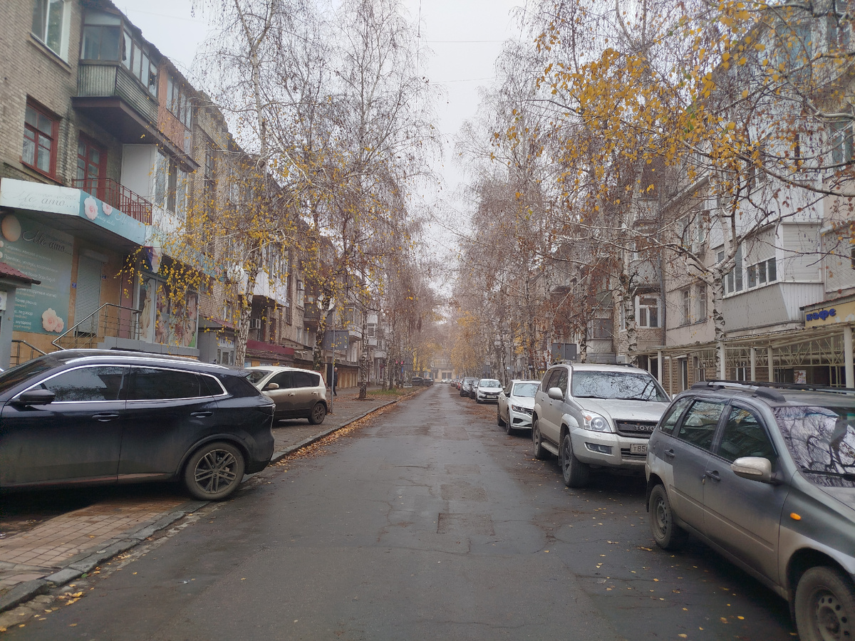 Переулок с берёзами в центре Донецка.