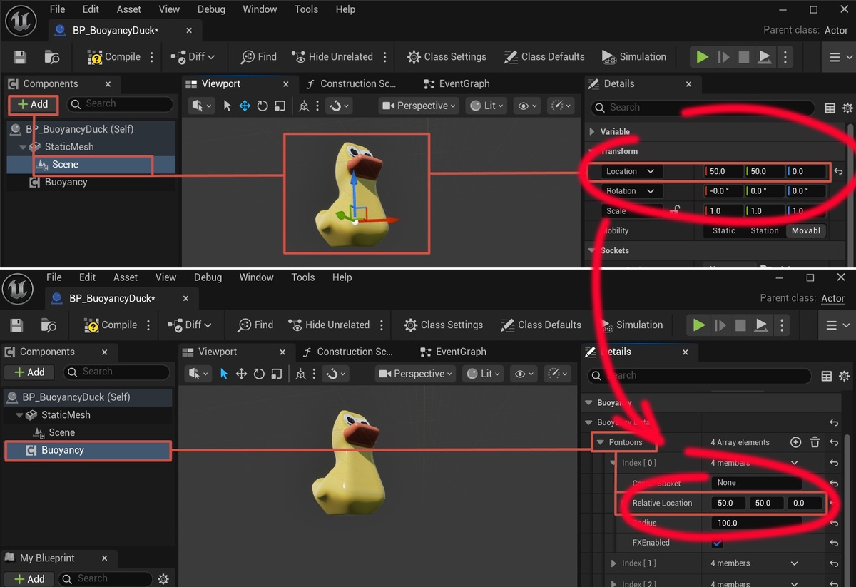 Определяем координаты расположения понтонов с помощью компонента Scene