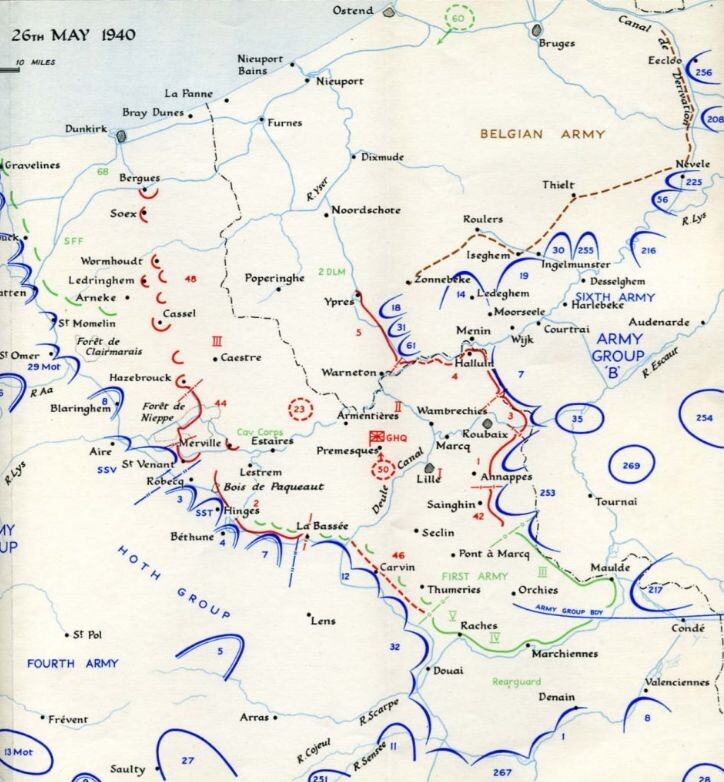 Карта расположения воинских частей противоборствующих сторон в районе Дюнкерка к моменту начала эвакуации британских войск. 