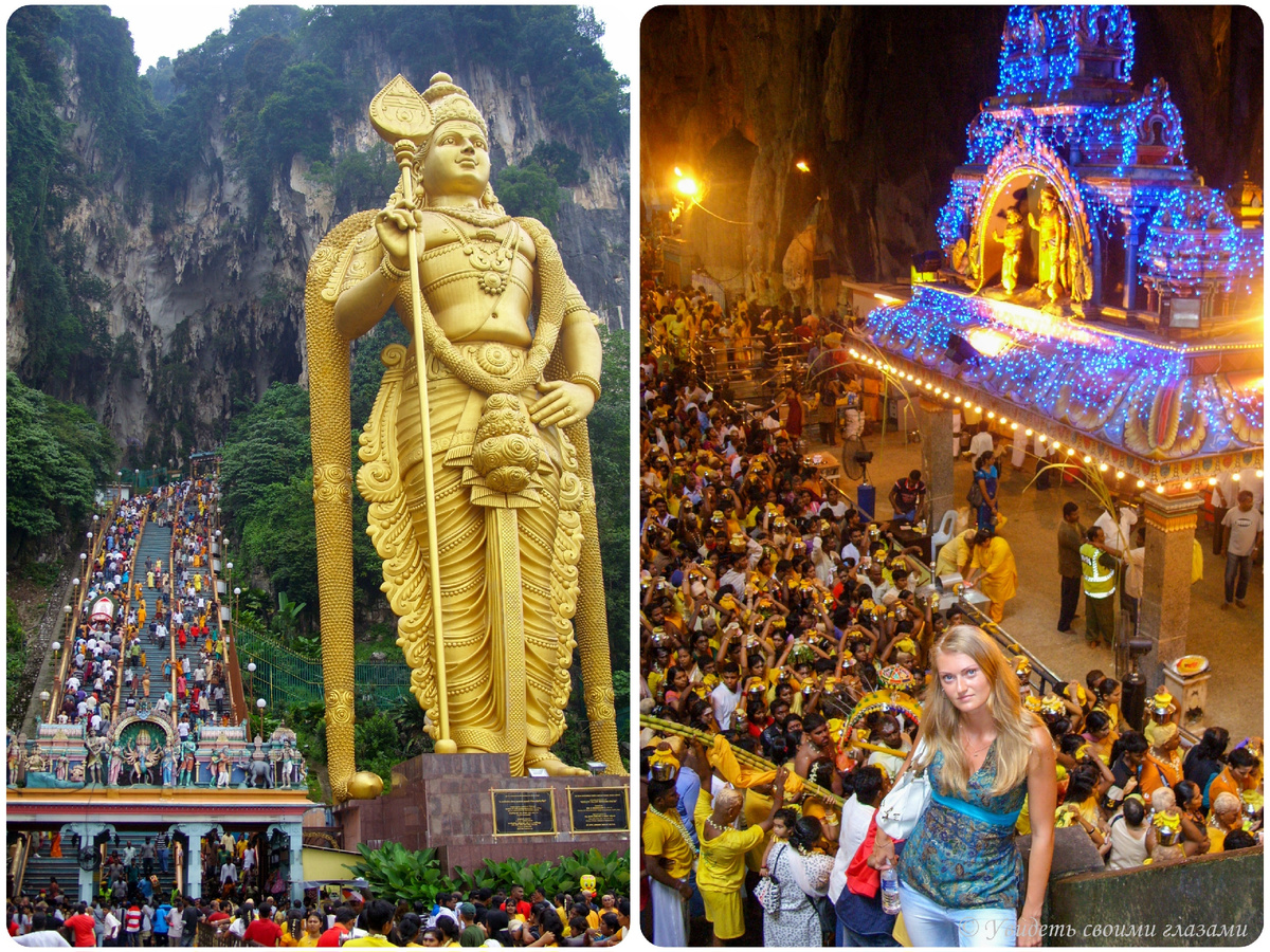 Статуя бога Муругана у входа в пещеры Бату и индуистский храм в праздник Тайпусам