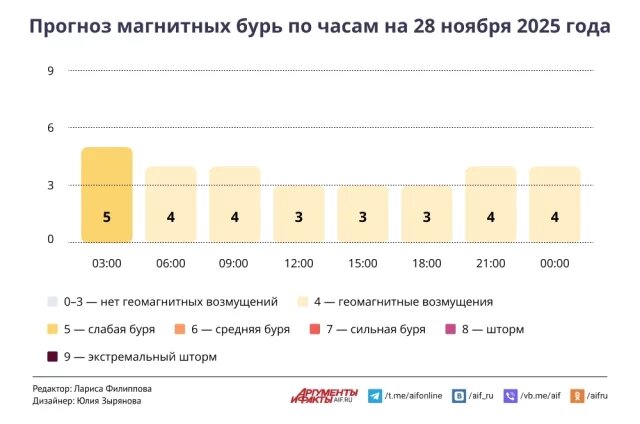    Прогноз магнитных бурь по часам на 28 ноября 2025 года. Инфографика
