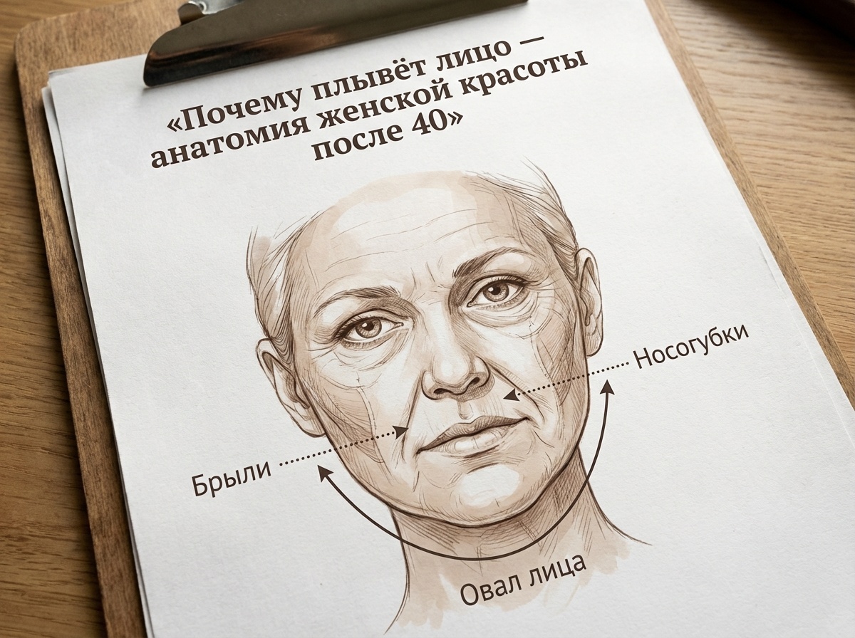 Схема лица с зонами, где чаще всего появляются изменения — брыли, носогубки, овал
