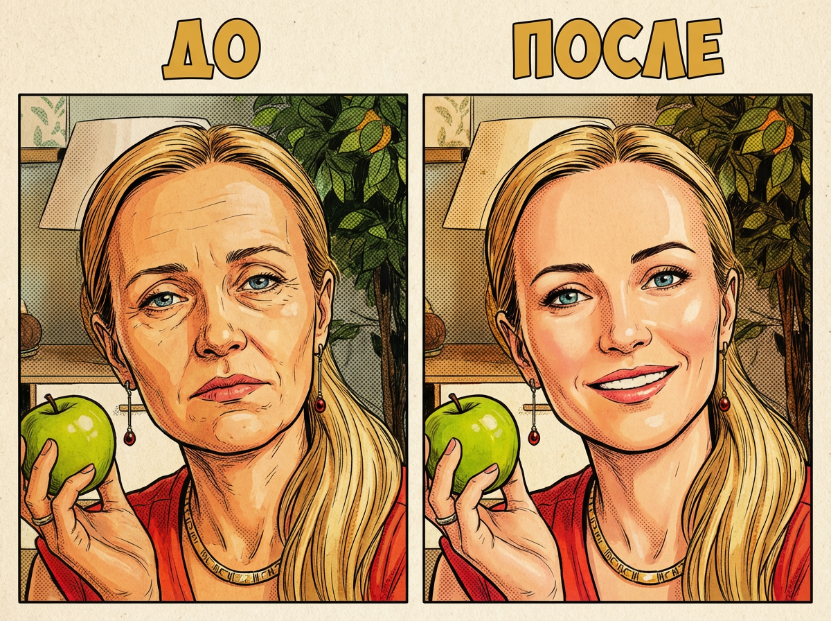 коллаж До и После женщины 40+ с поплывшим овалом лица и с четким овалом лица