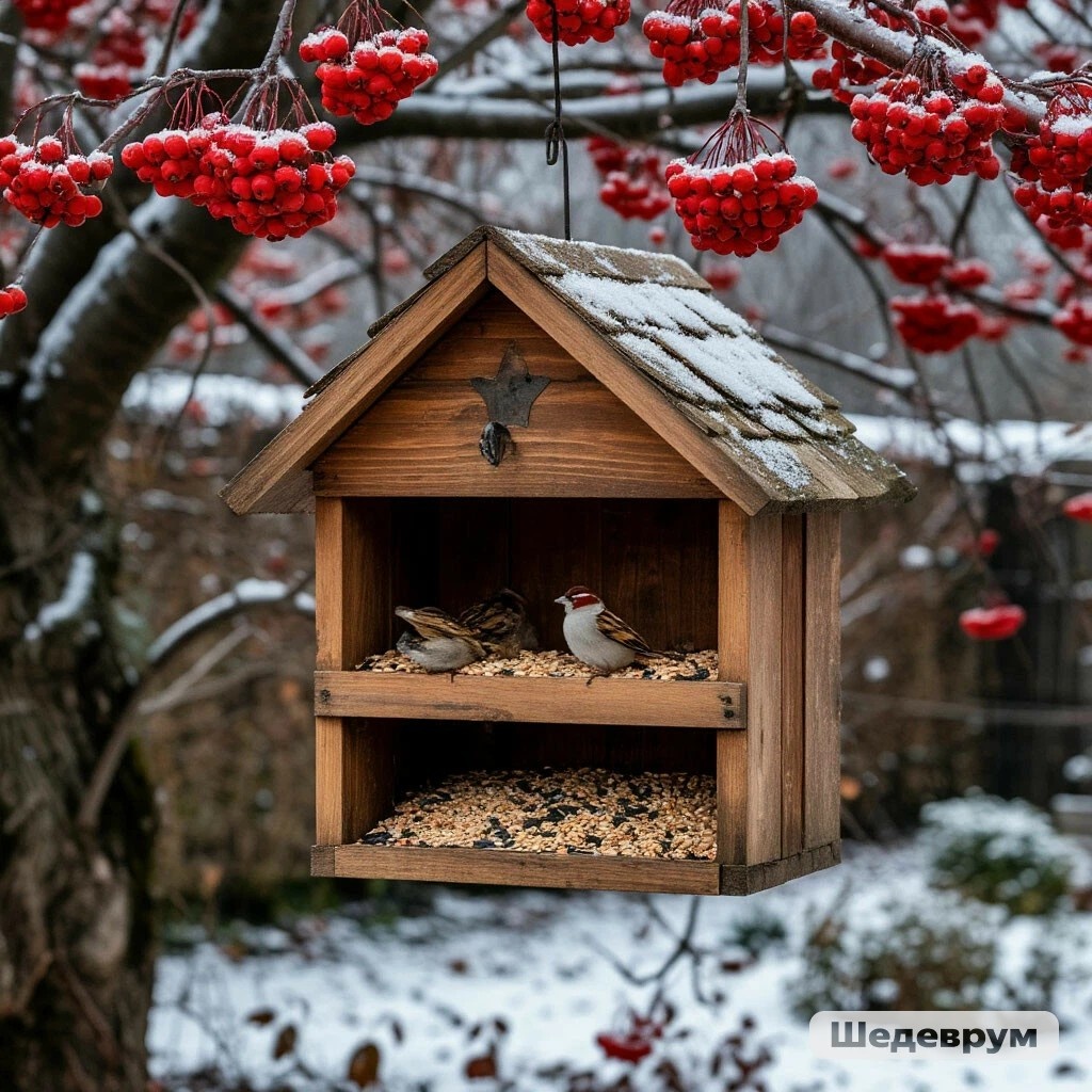 Деревянный домик с крышей, чтобы корм не заносило снегом