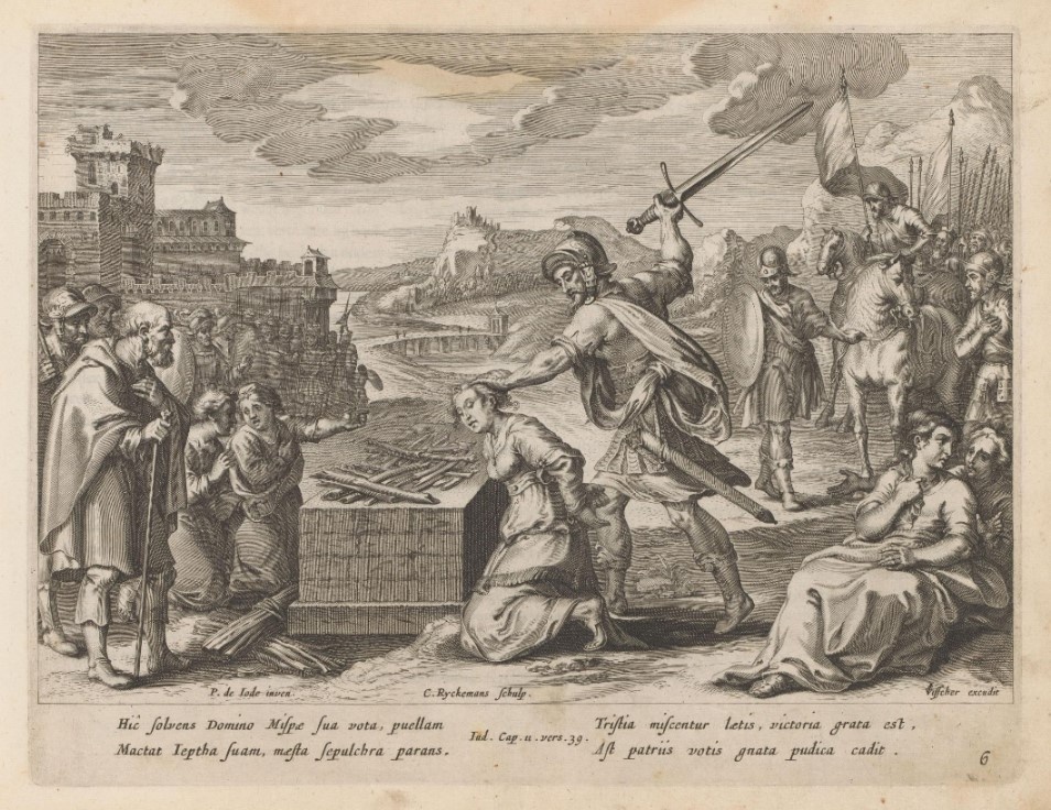 Иеффай приносит в жертву свою дочь. Гравюра первой половины 17 века из Библии Пискатора. Гравировал Николас Рейккеманс, художник Питер де Йоде, издатель Николас Пискатор.