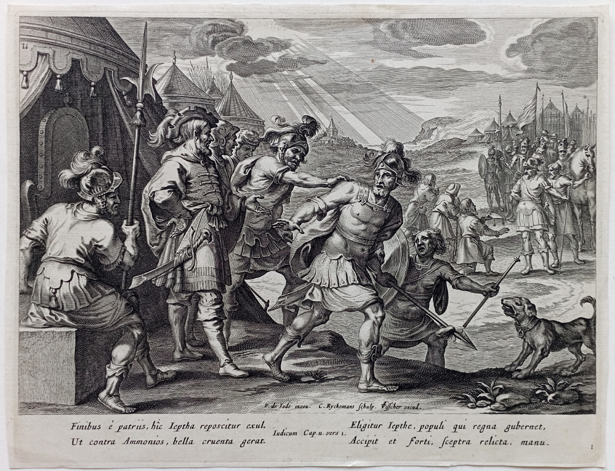 Изгнание Иеффая. Гравюра первой половины 17 века из Библии Пискатора. Гравировал Николас Рейккеманс, художник Питер де Йоде, издатель Николас Пискатор. https://meshok.net/item/349046262