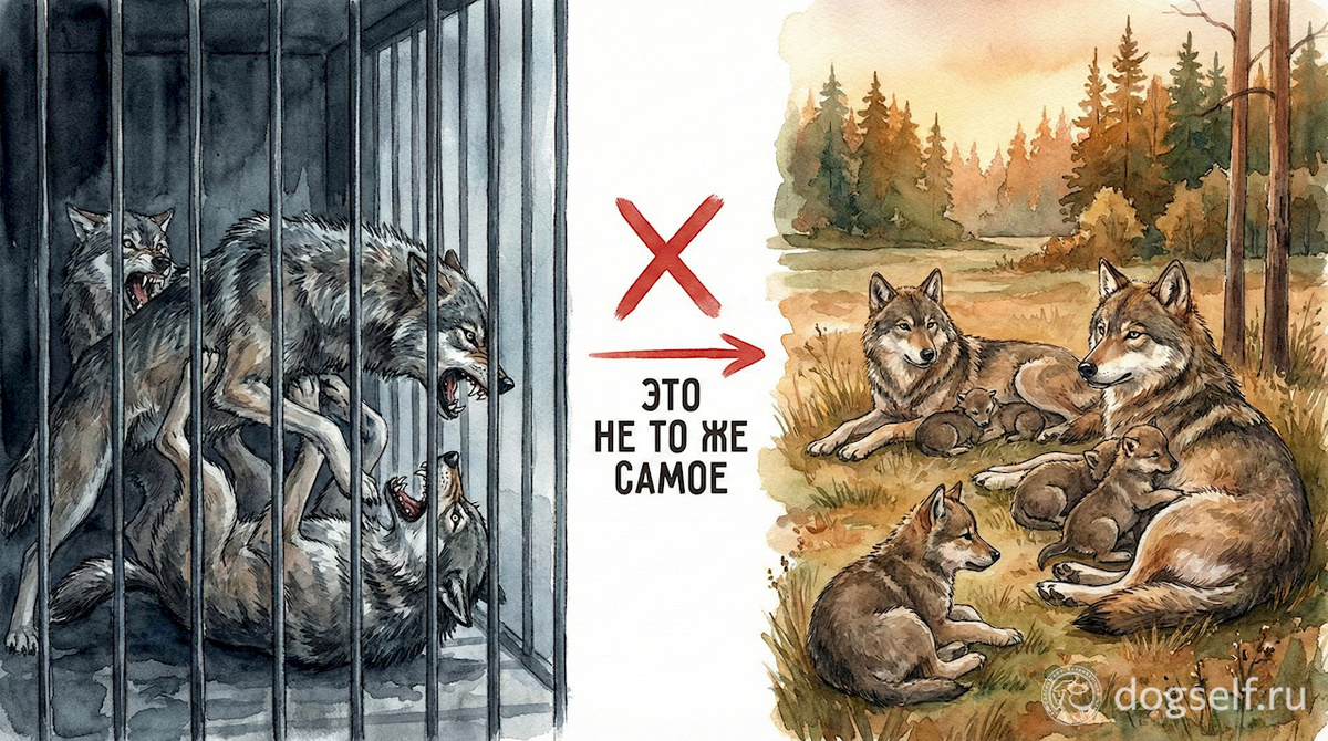 То, что происходит со стрессированными незнакомыми волками в тесной клетке, не имеет ничего общего с жизнью спокойной волчьей семьи и уж точно не объясняет поведение вашей собаки у вас на ногах | Иллюстрация: DogSelf