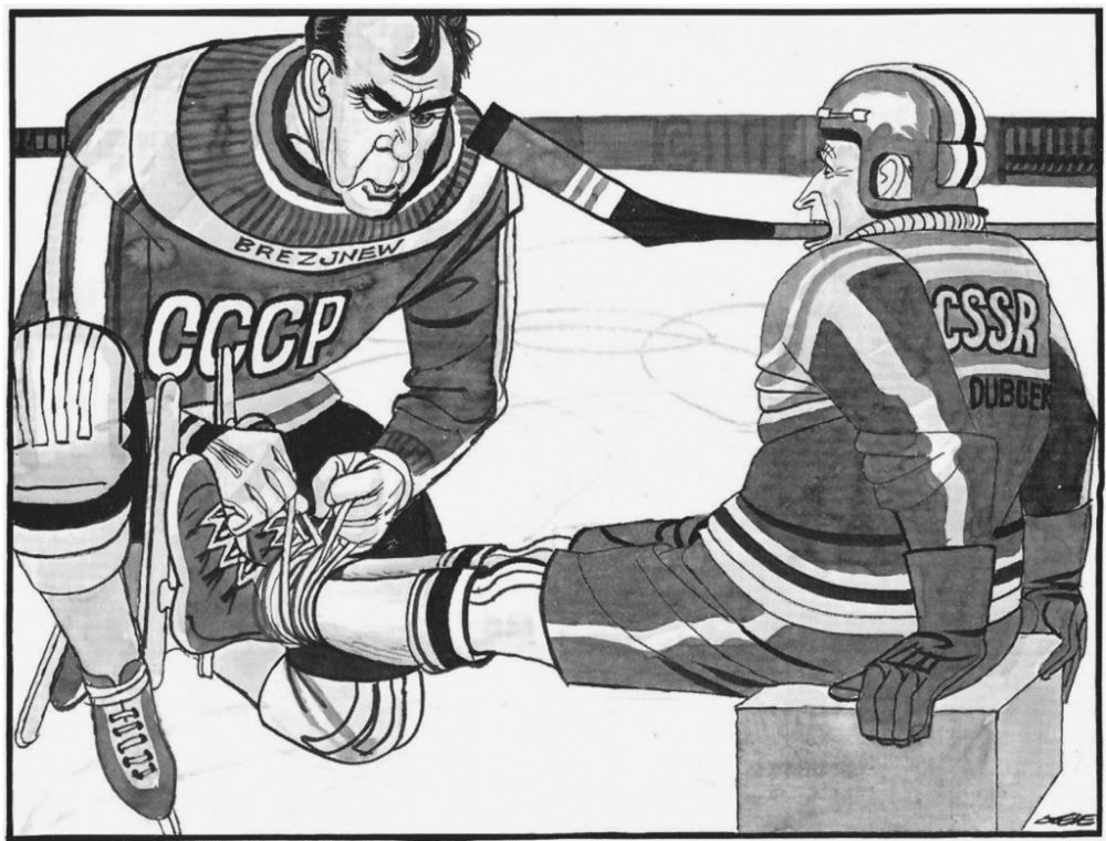 Эппо Доэве (1907—1981), Нидерланды. 4 мая 1968-го Дубчек был вызван в Москву для переговоров. На рисунке Брежнев шнурками связывает ему ноги